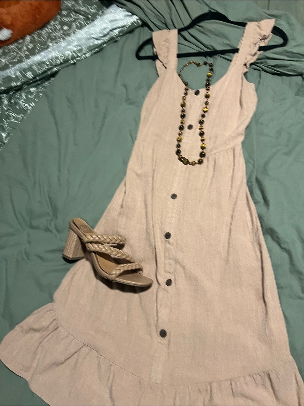 Monteau Beige Button-Front Ruffle Hem Maxi Dress